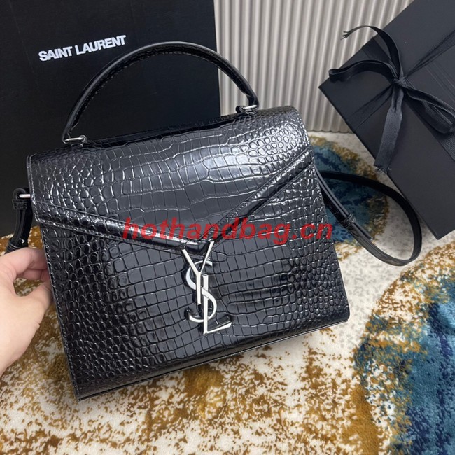 SAINT LAURENT CASSANDRA MEDIUM TOP HANDLE BAG IN CROCODILE-EMBOSSED SHINY LEATHER 623931 BLACK