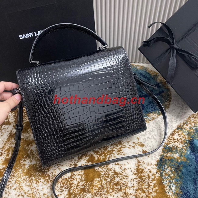 SAINT LAURENT CASSANDRA MEDIUM TOP HANDLE BAG IN CROCODILE-EMBOSSED SHINY LEATHER 623931 BLACK