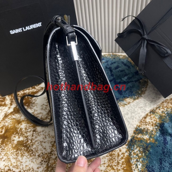 SAINT LAURENT CASSANDRA MEDIUM TOP HANDLE BAG IN CROCODILE-EMBOSSED SHINY LEATHER 623931 BLACK