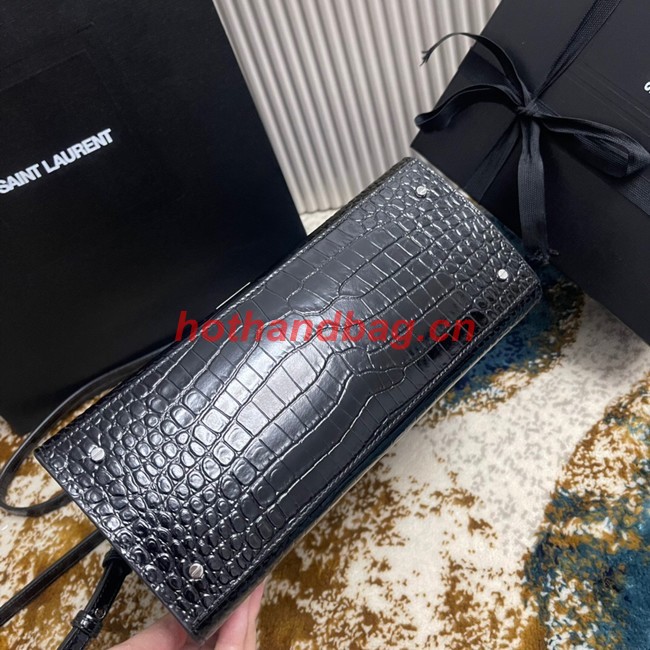 SAINT LAURENT CASSANDRA MEDIUM TOP HANDLE BAG IN CROCODILE-EMBOSSED SHINY LEATHER 623931 BLACK