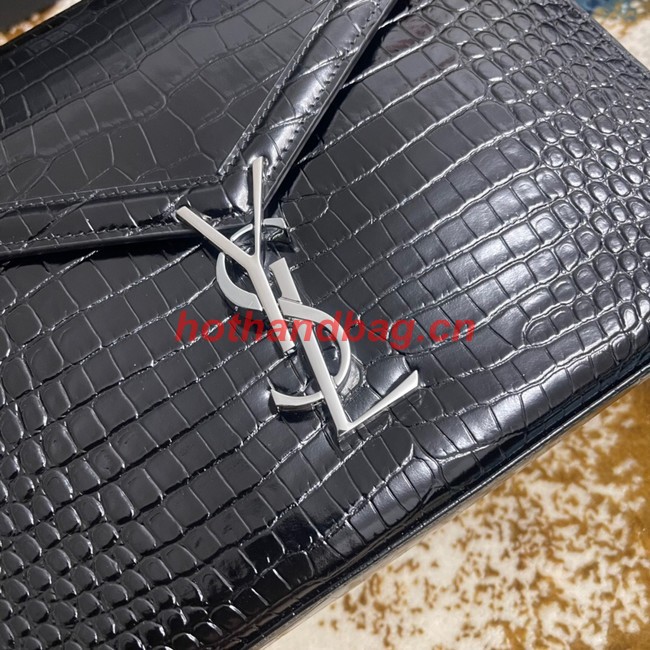 SAINT LAURENT CASSANDRA MEDIUM TOP HANDLE BAG IN CROCODILE-EMBOSSED SHINY LEATHER 623931 BLACK