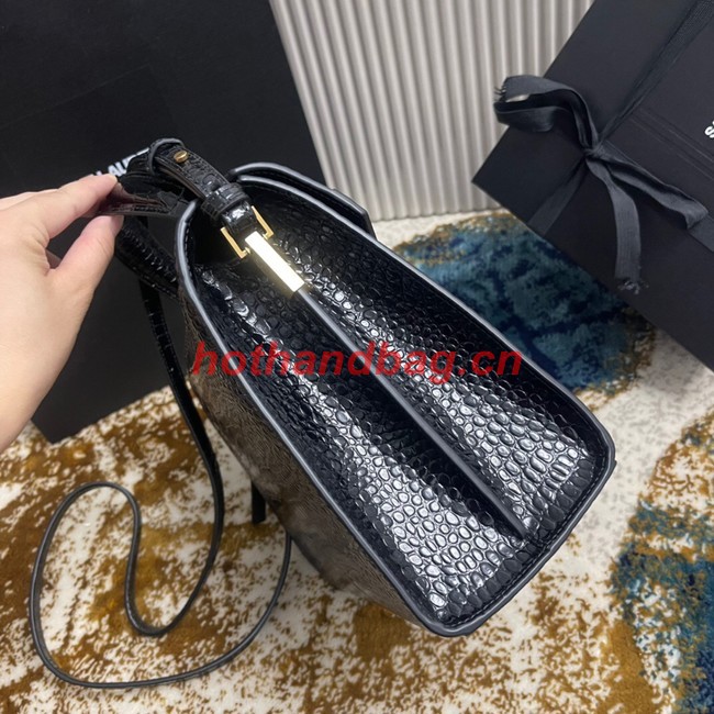 SAINT LAURENT CASSANDRA MEDIUM TOP HANDLE BAG IN CROCODILE-EMBOSSED SHINY LEATHER B623931 BLACK