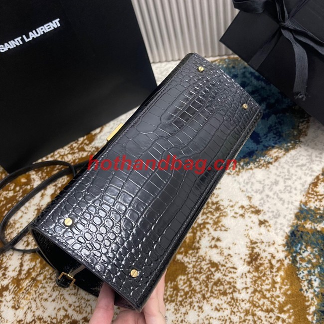 SAINT LAURENT CASSANDRA MEDIUM TOP HANDLE BAG IN CROCODILE-EMBOSSED SHINY LEATHER B623931 BLACK