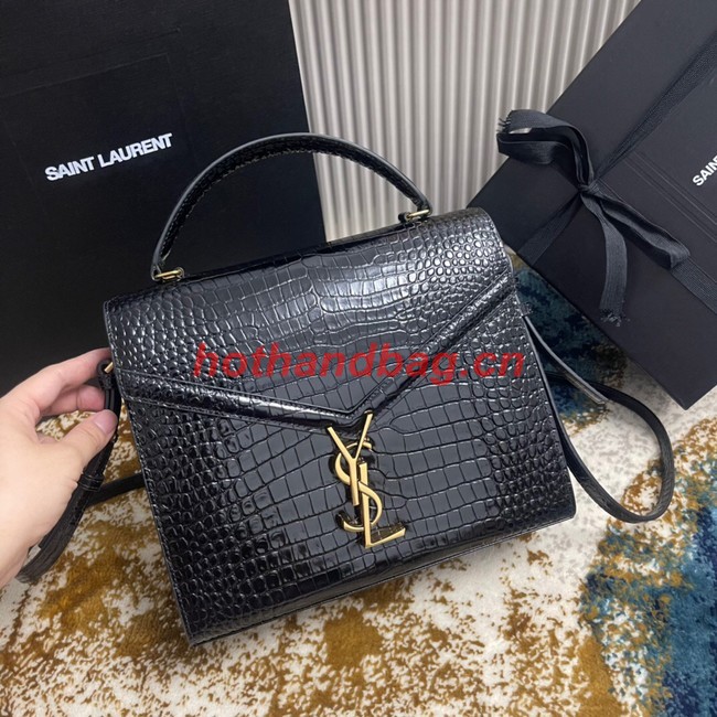 SAINT LAURENT CASSANDRA MEDIUM TOP HANDLE BAG IN CROCODILE-EMBOSSED SHINY LEATHER B623931 BLACK