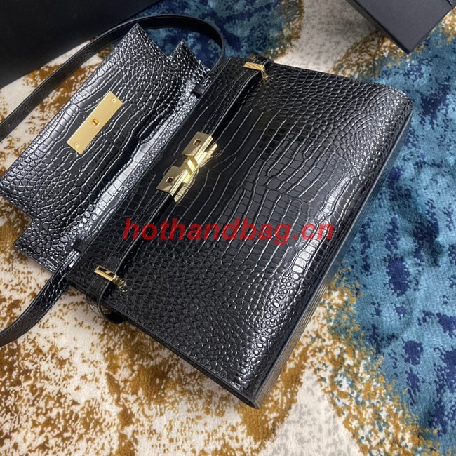 SAINT LAURENT MANHATTAN SHOULDER BAG IN CROCODILE-EMBOSSED SHINY LEATHER 579271 BLACK