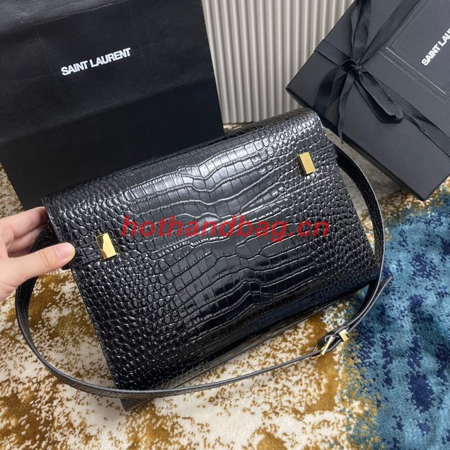 SAINT LAURENT MANHATTAN SHOULDER BAG IN CROCODILE-EMBOSSED SHINY LEATHER 579271 BLACK