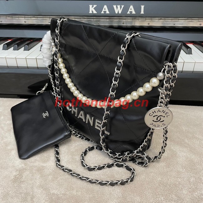 CHANEL MINI 22 HANDBAG Metallic Calfskin & Silver Metal AS3989 black