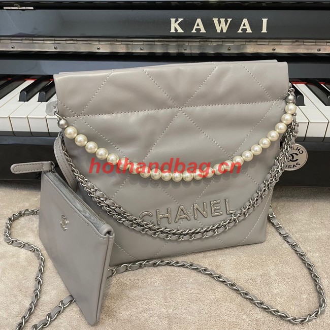 CHANEL MINI 22 HANDBAG Metallic Calfskin & Silver Metal AS3989 gray