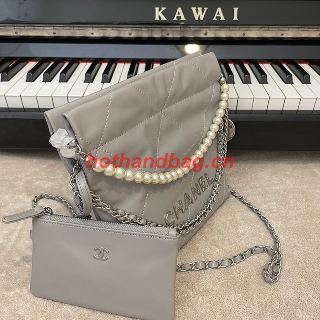 CHANEL MINI 22 HANDBAG Metallic Calfskin & Silver Metal AS3989 gray