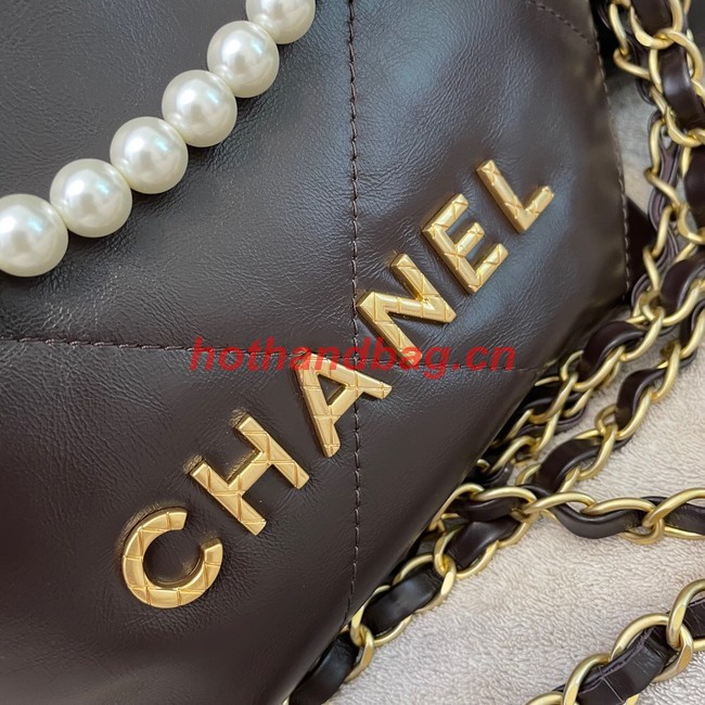 CHANEL MINI 22 HANDBAG Metallic Calfskin & gold Metal AS3989 Coffee