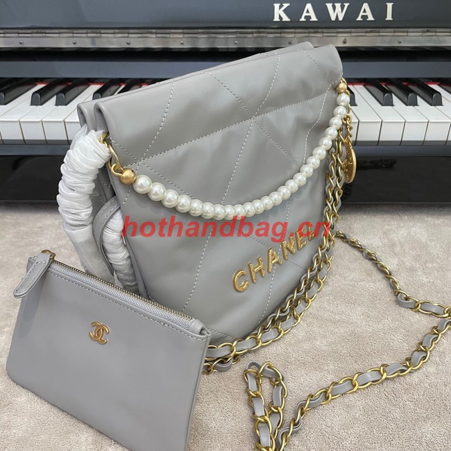 CHANEL MINI 22 HANDBAG Metallic Calfskin & gold Metal AS3989 gray