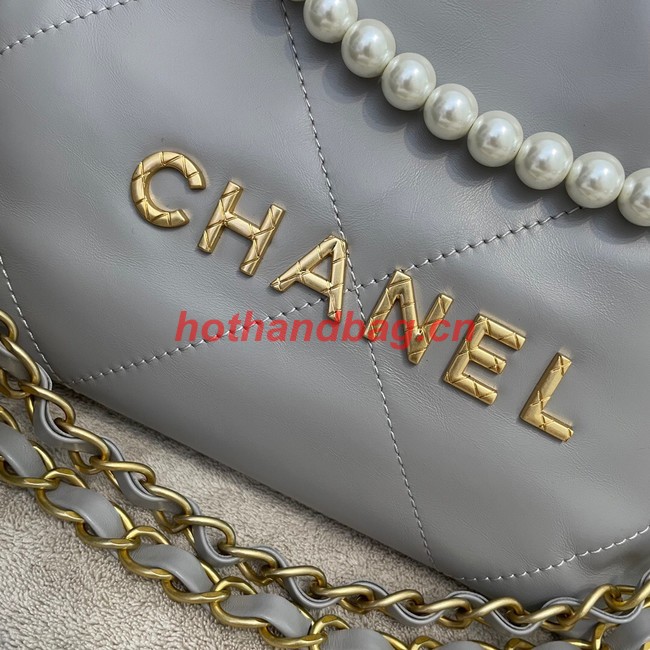 CHANEL MINI 22 HANDBAG Metallic Calfskin & gold Metal AS3989 gray