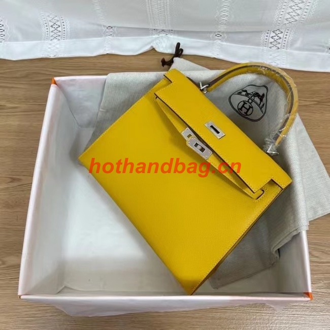 Hermes Kelly 25cm Shoulder Bags Epsom KL2755 yellow&silver-Tone Metal