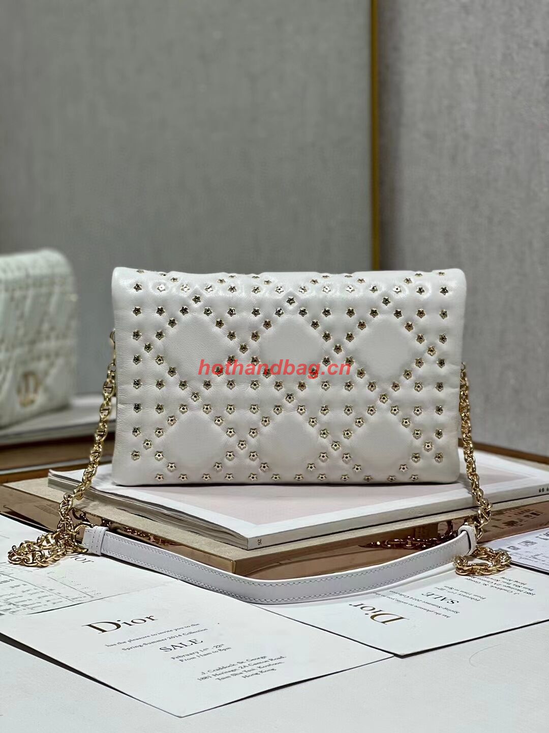 DIOR CARO MACROCANNAGE POUCH Macrocannage Calfskin with Star Motif S5135BB white