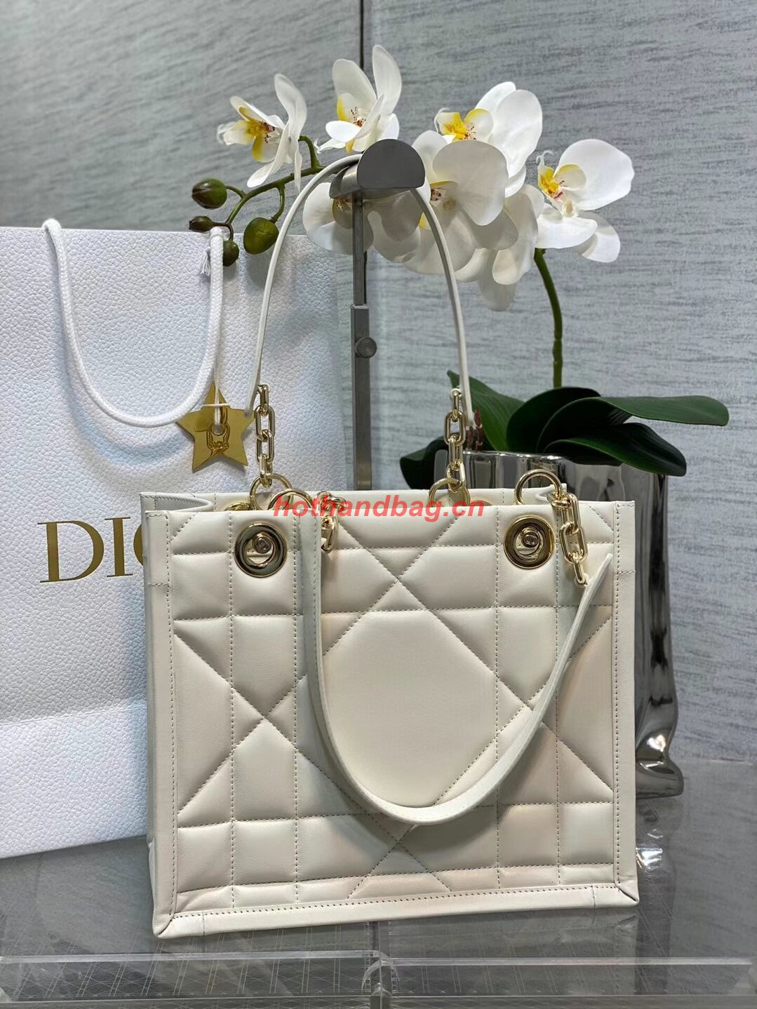 SMALL DIOR ESSENTIAL TOTE BAG Hazelnut Archicannage Calfskin M87211 WHITE