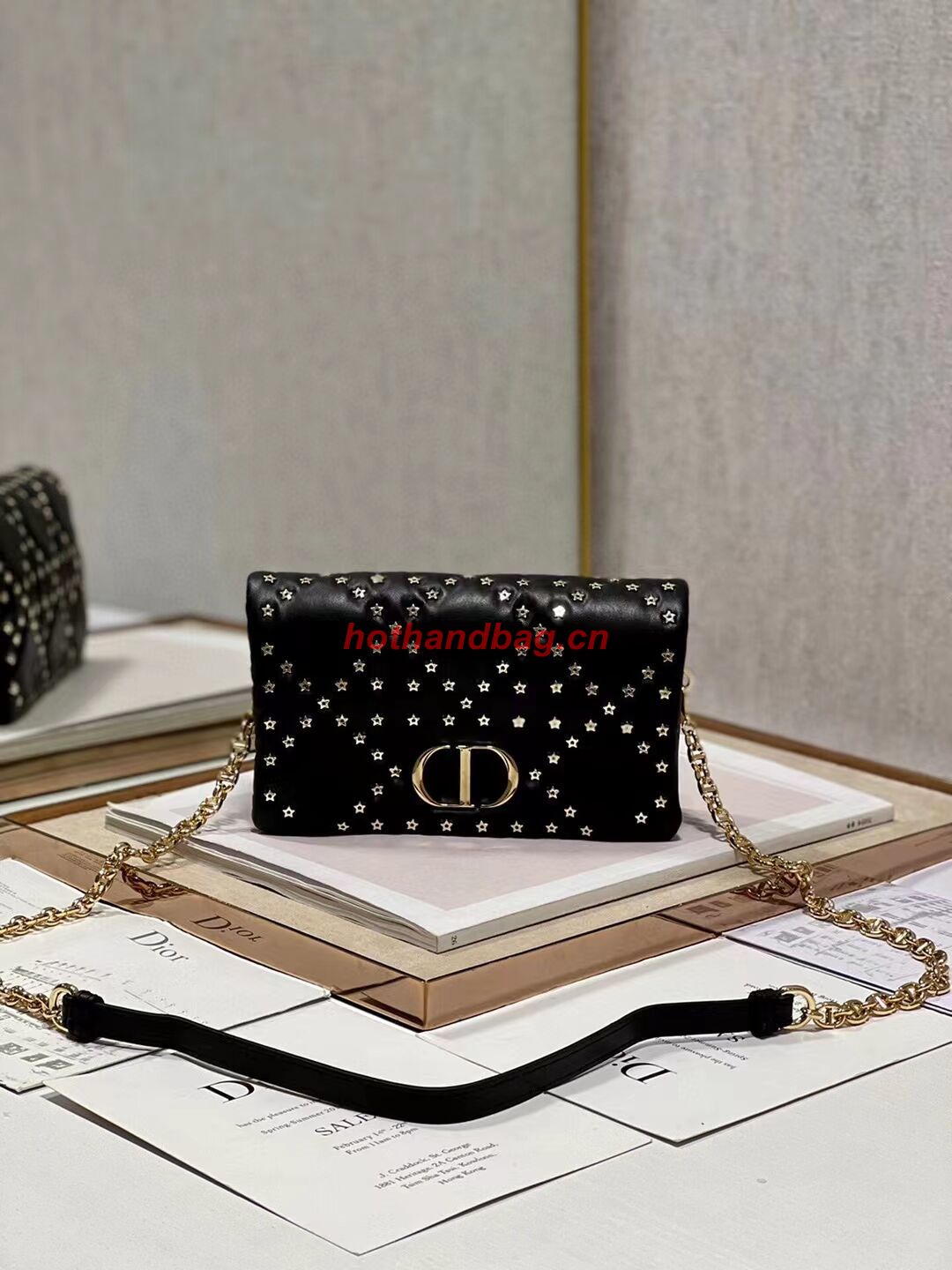 DIOR CARO MACROCANNAGE POUCH Macrocannage Calfskin with Star Motif S5135UNH black&gold