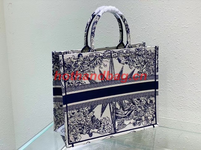 LARGE DIOR BOOK TOTE White and Blue Multicolor Reve dInfini Embroidery M1286Z