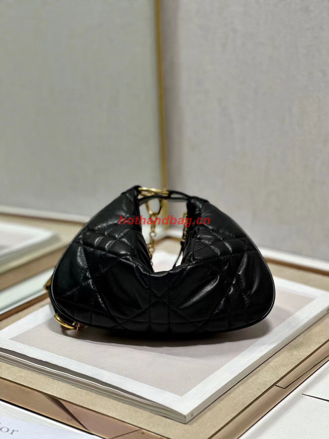 MINI DIOR CARO TULIP BAG Black Quilted Macrocannage Calfskin S5139Bb