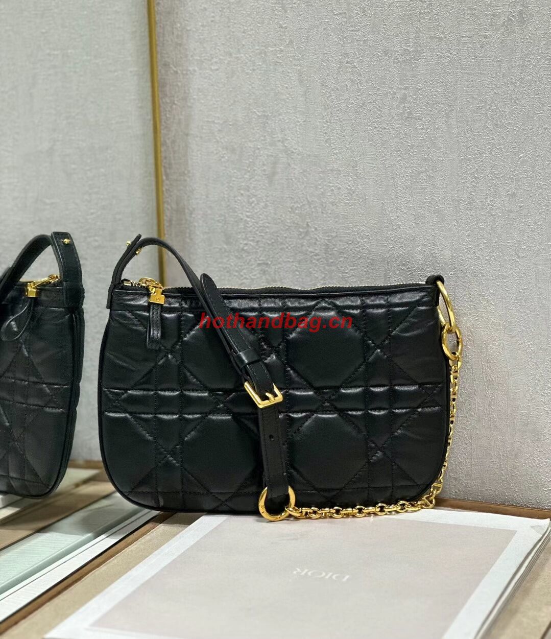 MINI DIOR CARO TULIP BAG Black Quilted Macrocannage Calfskin S5139Bb