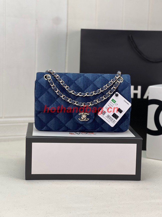 Chanel CLASSIC HANDBAG Printed Denim & Gold-Tone Metal A01112 Dark Blue