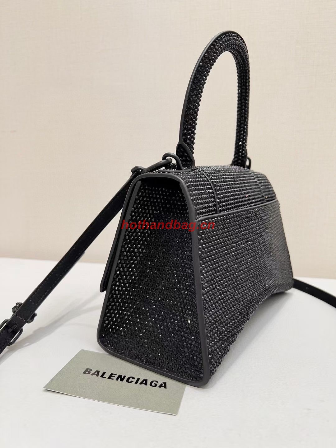 Balenciaga WOMENS HOURGLASS SMALL HANDBAG WITH RHINESTONES 592834 black