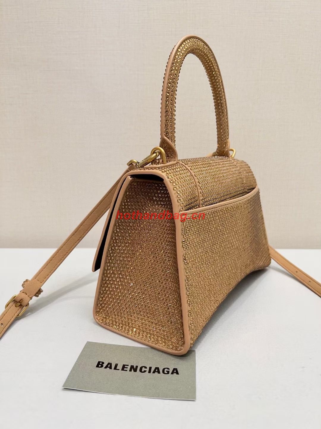 Balenciaga WOMENS HOURGLASS SMALL HANDBAG WITH RHINESTONES 592834 gold