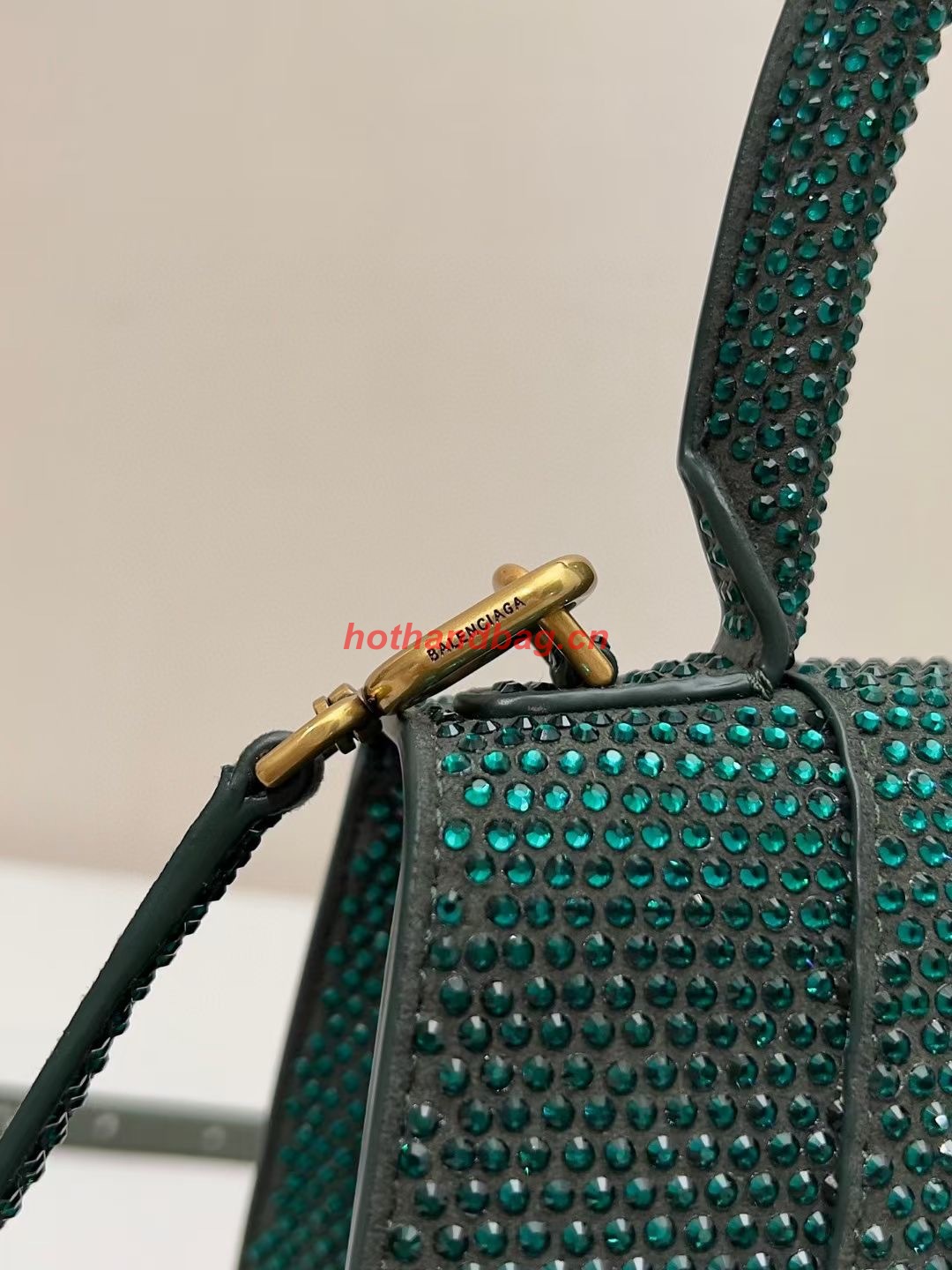 Balenciaga WOMENS HOURGLASS SMALL HANDBAG WITH RHINESTONES 592834 green