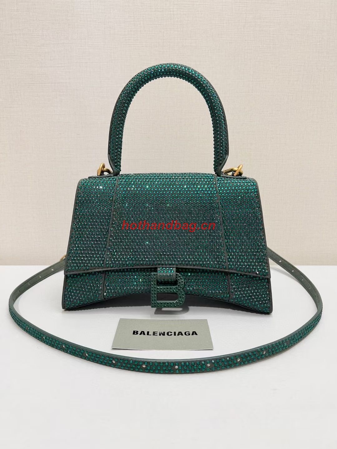 Balenciaga WOMENS HOURGLASS SMALL HANDBAG WITH RHINESTONES 592834 green