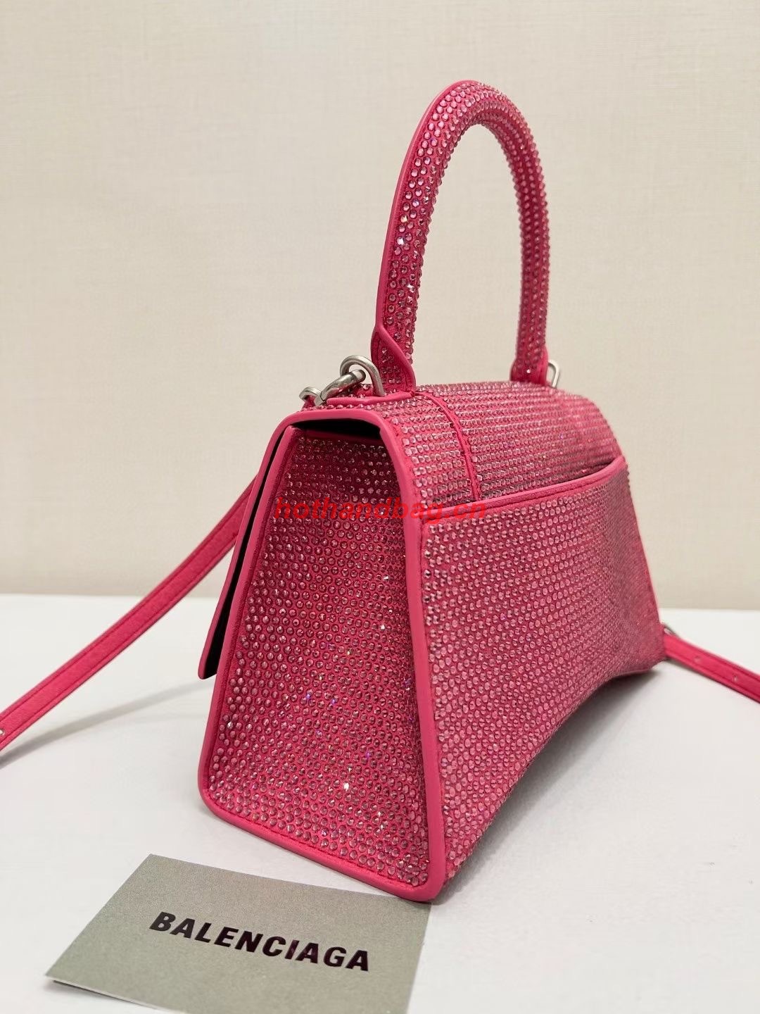 Balenciaga WOMENS HOURGLASS SMALL HANDBAG WITH RHINESTONES 592834 pink