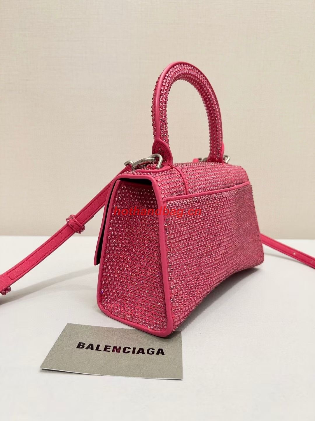 Balenciaga WOMENS HOURGLASS XS HANDBAG WITH RHINESTONES 283328 IN PINK