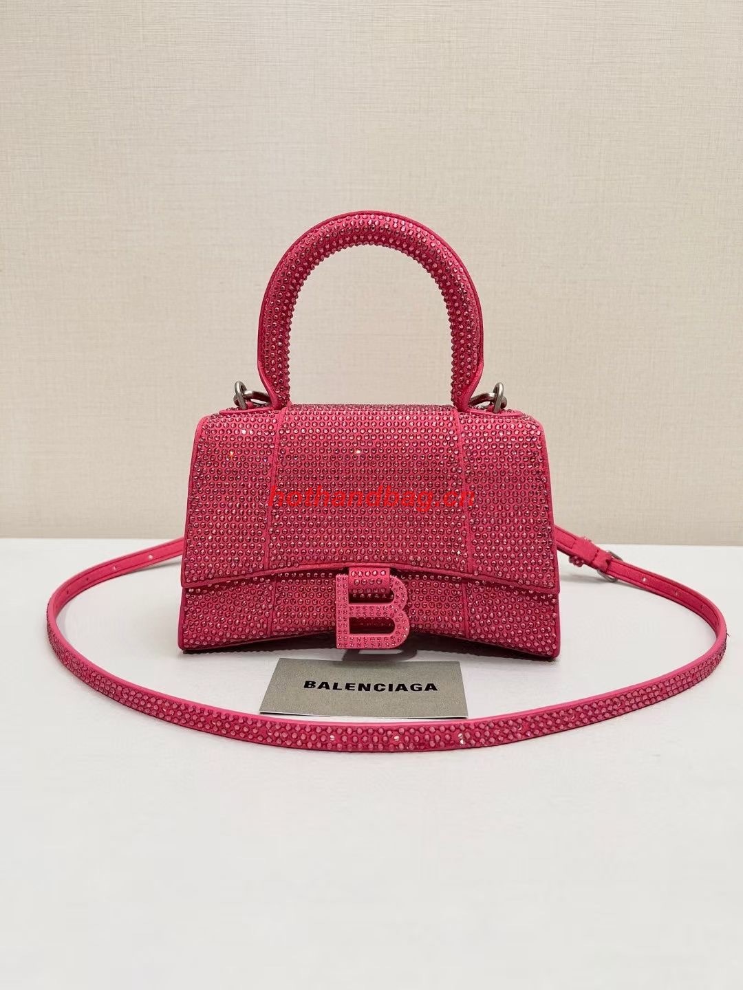 Balenciaga WOMENS HOURGLASS XS HANDBAG WITH RHINESTONES 283328 IN PINK