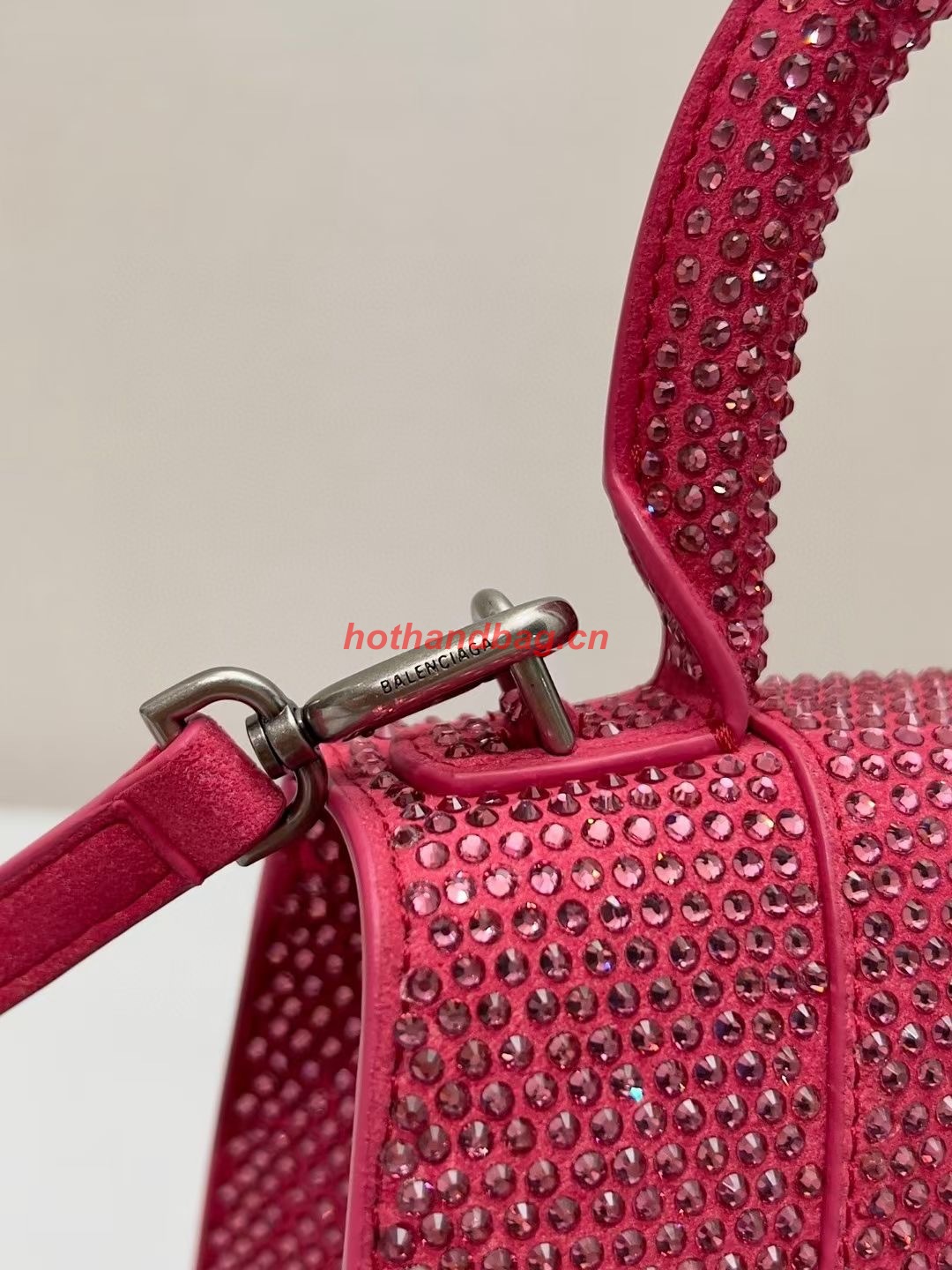 Balenciaga WOMENS HOURGLASS XS HANDBAG WITH RHINESTONES 283328 IN PINK