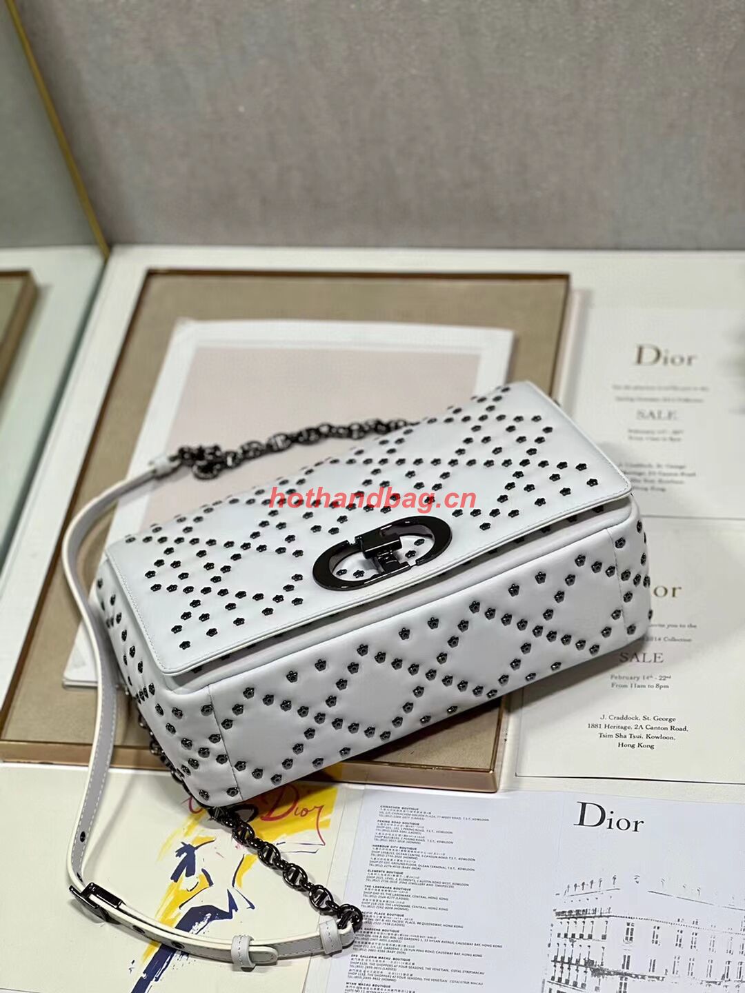 DIOR CARO MACROCANNAGE POUCH Macrocannage Calfskin with Star Motif C3136 white&black