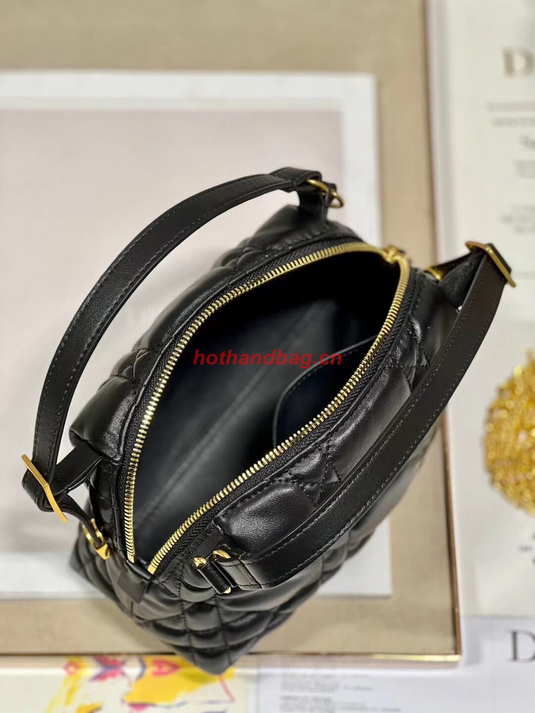 LADY DIOR TOP HANDLE SMALL BAG Latte Cannage Lambskin C0655 BLACK