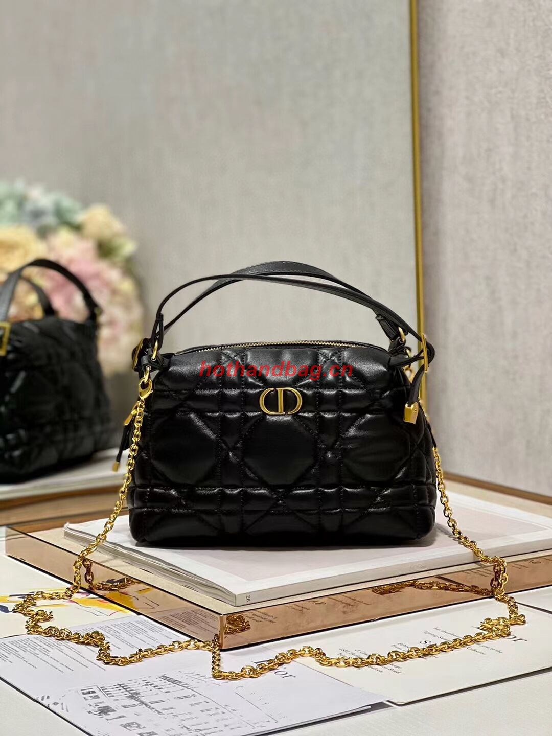 LADY DIOR TOP HANDLE SMALL BAG Latte Cannage Lambskin C0655 BLACK