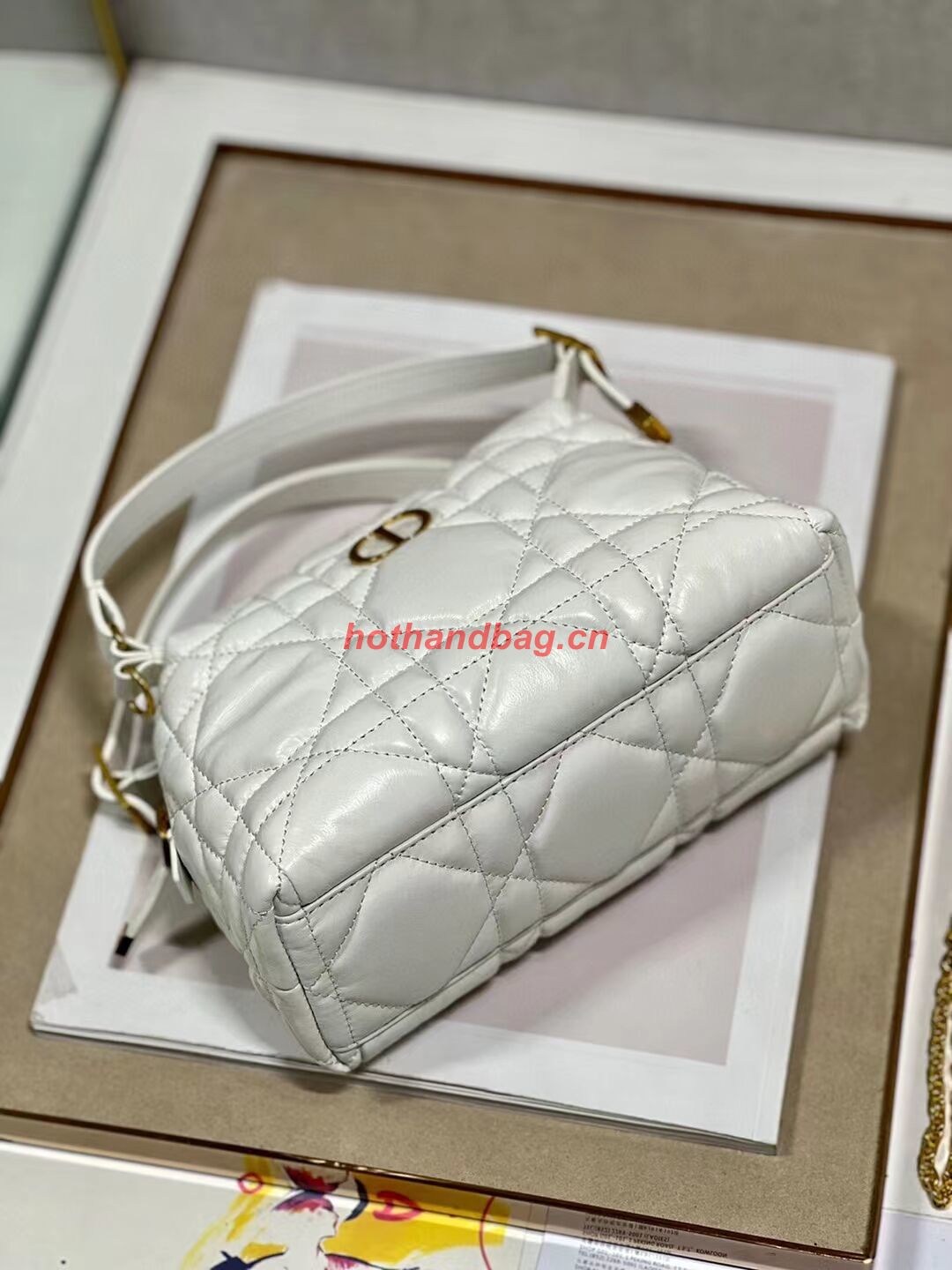 LADY DIOR TOP HANDLE SMALL BAG Latte Cannage Lambskin C0655 WHITE