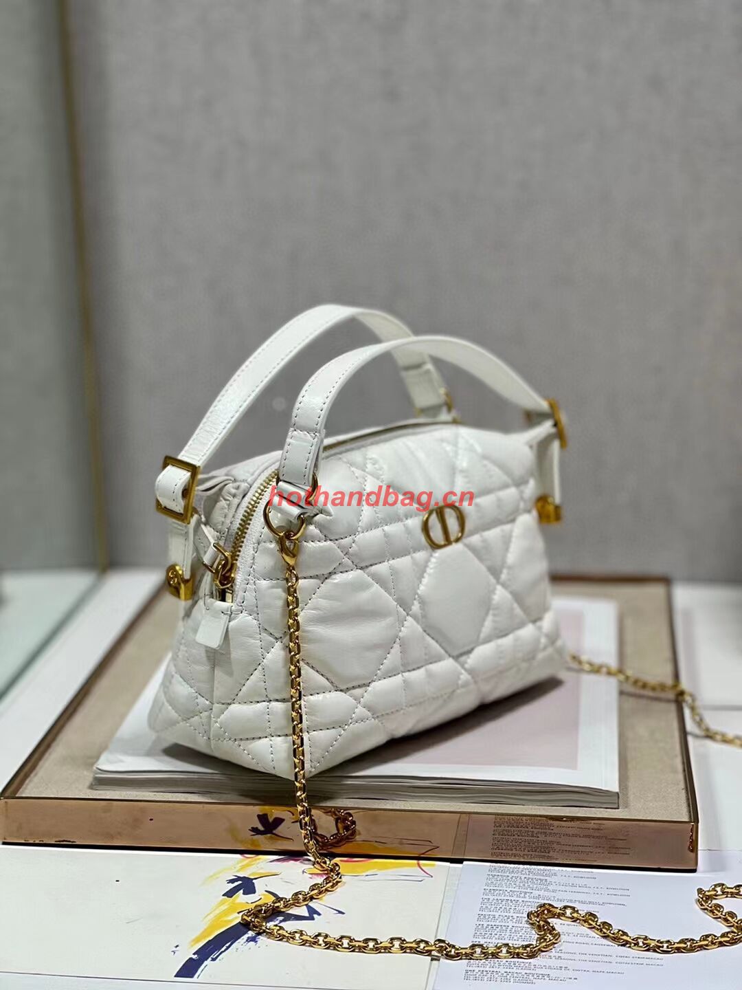 LADY DIOR TOP HANDLE SMALL BAG Latte Cannage Lambskin C0655 WHITE