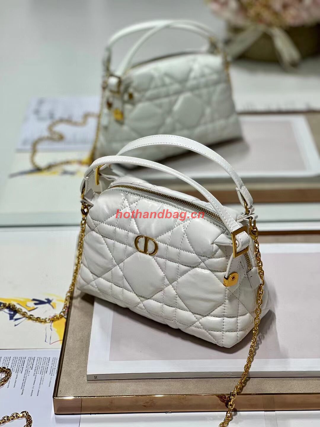 LADY DIOR TOP HANDLE SMALL BAG Latte Cannage Lambskin C0655 WHITE