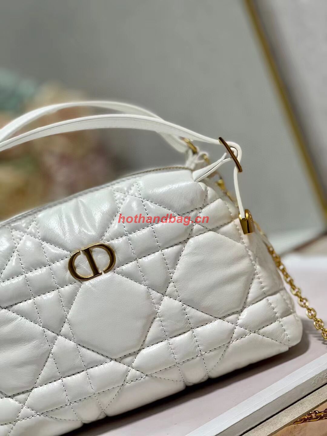 LADY DIOR TOP HANDLE SMALL BAG Latte Cannage Lambskin C0655 WHITE