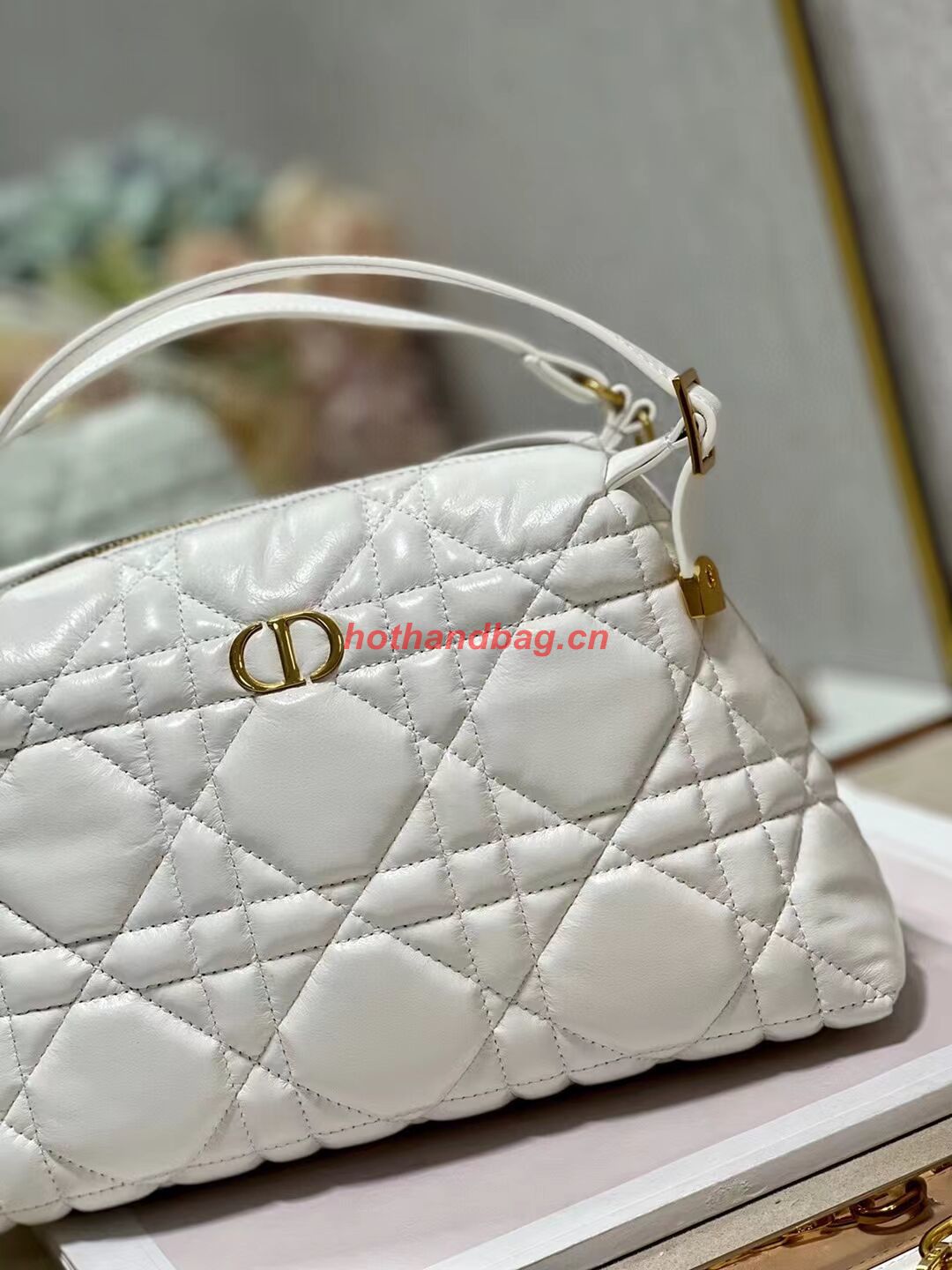 LADY DIOR TOP HANDLE SMALL BAG Latte Cannage Lambskin C0656 WHITE