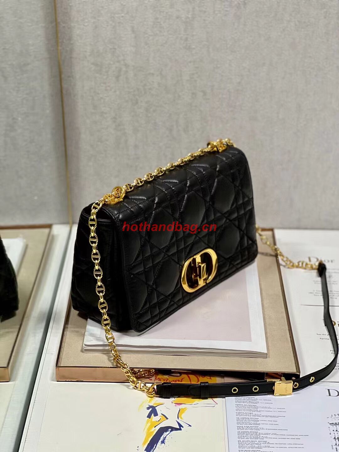 LARGE DIOR CARO BAG Supple Cannage Calfskin C3155 black&gold