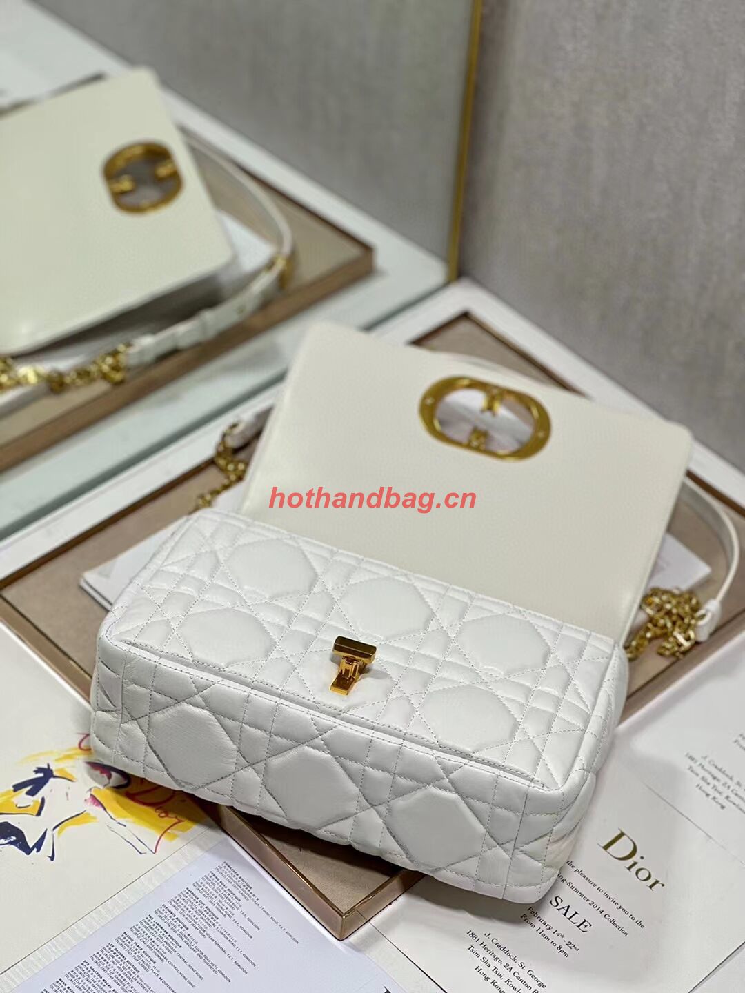 MEDIUM DIOR CARO BAG Supple Cannage Calfskin M9242U white&gold