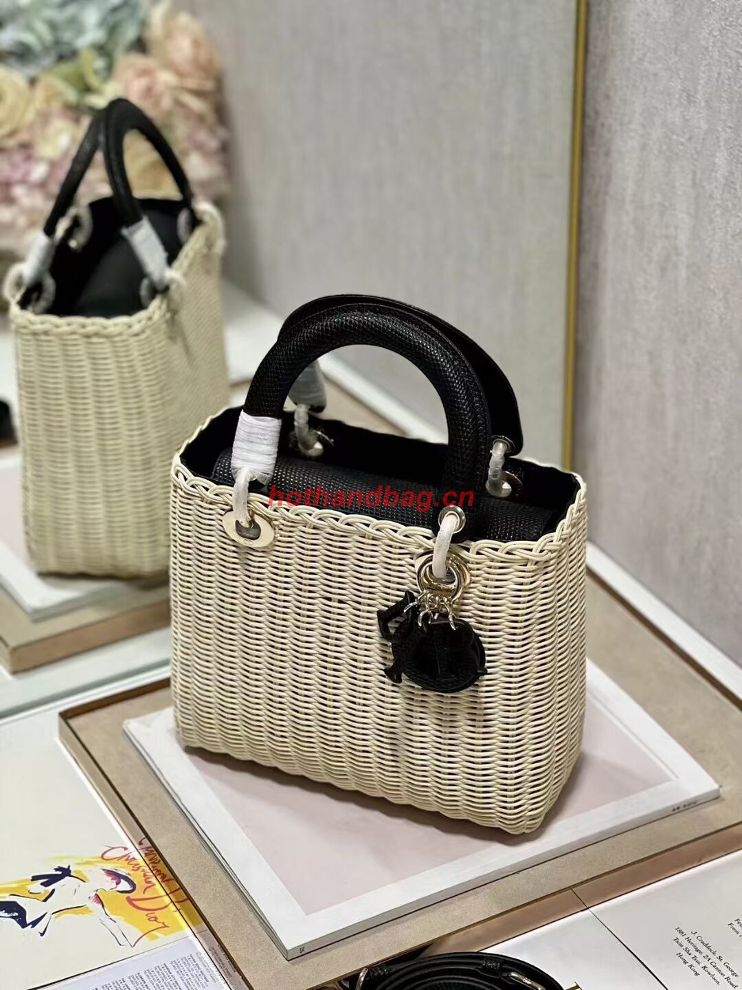 MEDIUM LADY DIOR BAG Natural Wicker and Black Lizard skin M0565 