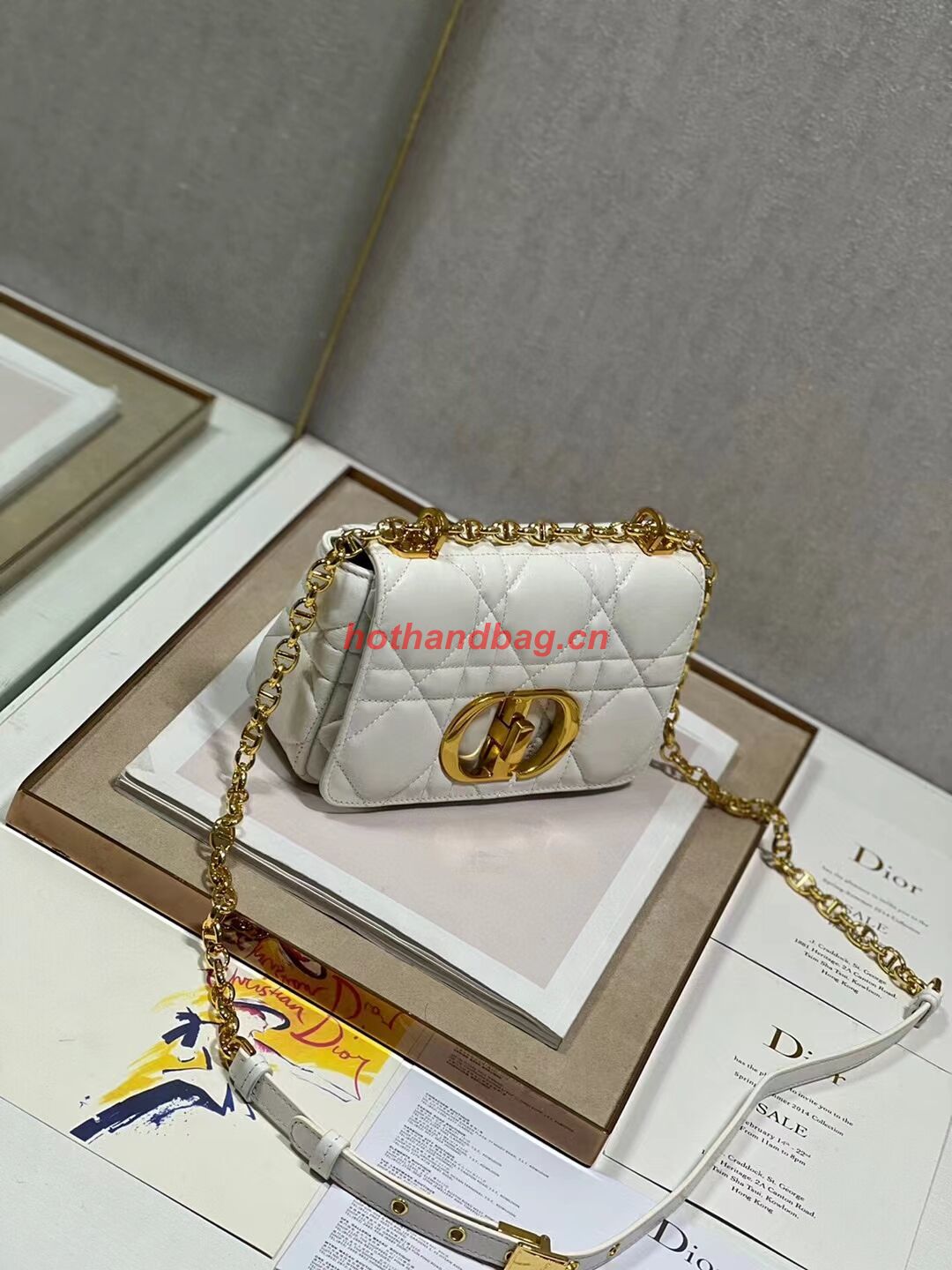 SMALL DIOR CARO BAG Supple Cannage Calfskin M9241U white&gold