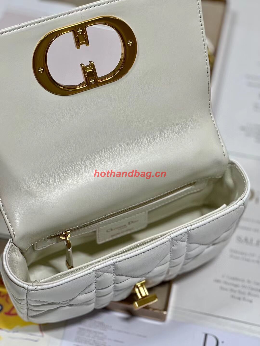 SMALL DIOR CARO BAG Supple Cannage Calfskin M9241U white&gold