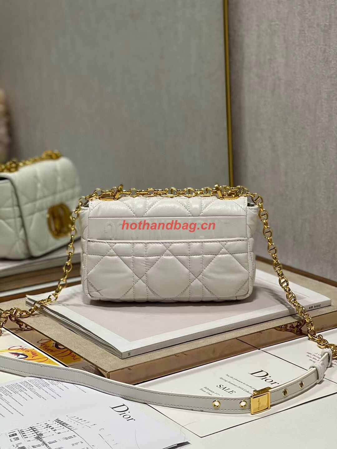 SMALL DIOR CARO BAG Supple Cannage Calfskin M9241U white&gold