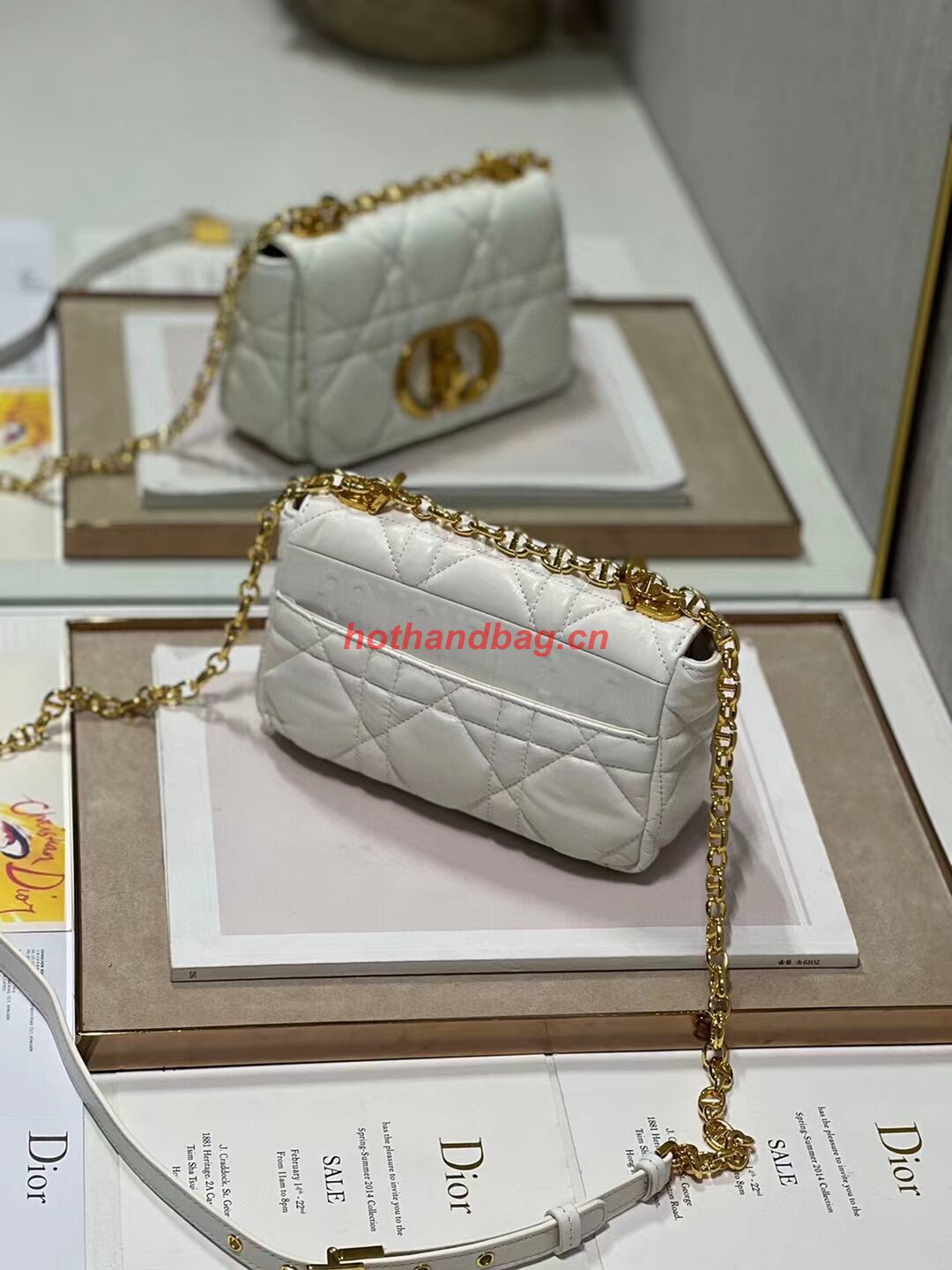 SMALL DIOR CARO BAG Supple Cannage Calfskin M9241U white&gold