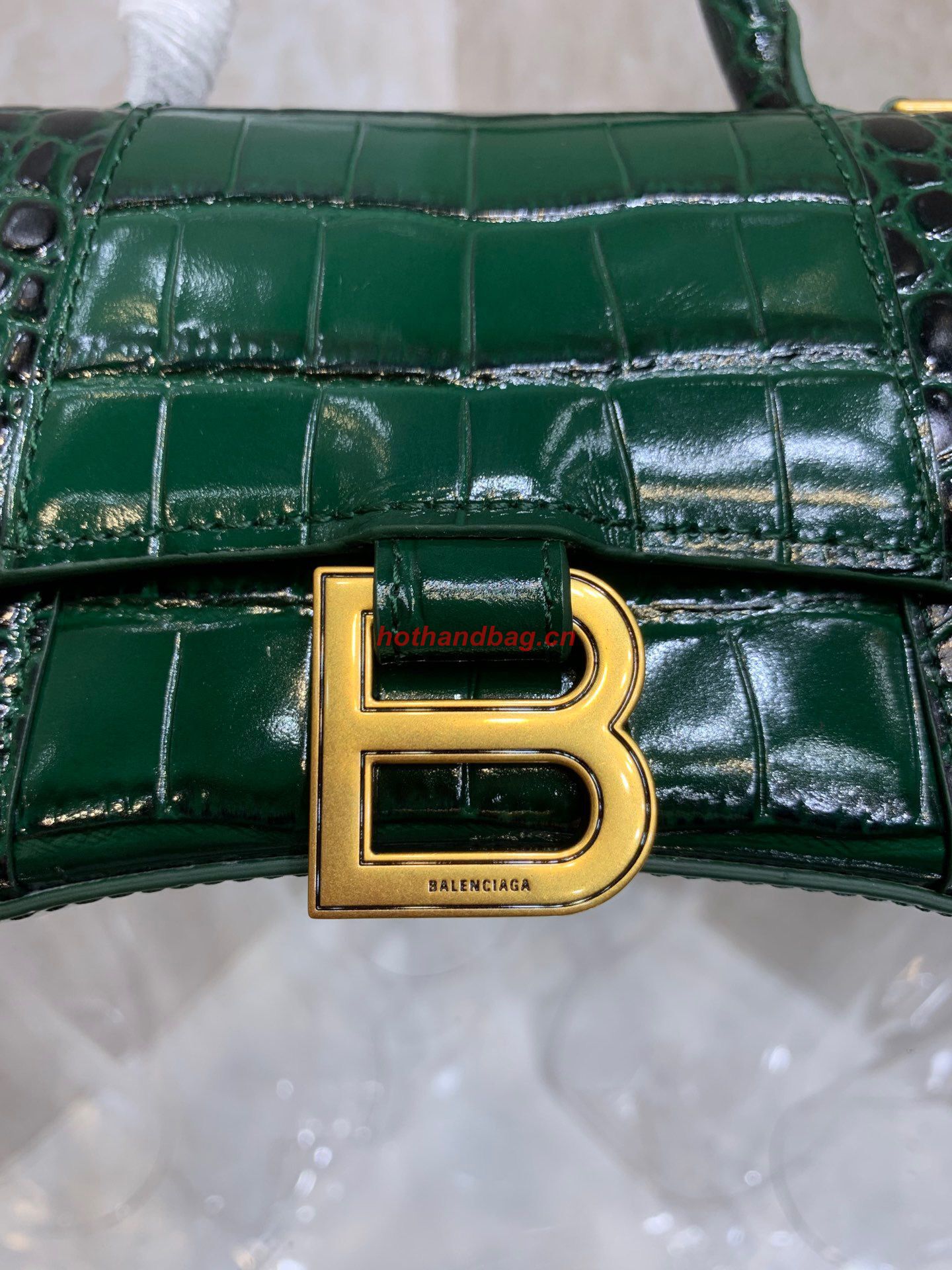 Balenciaga HOURGLASS SMALL TOP HANDLE BAG crocodile embossed calfskin B108895E Dark Green