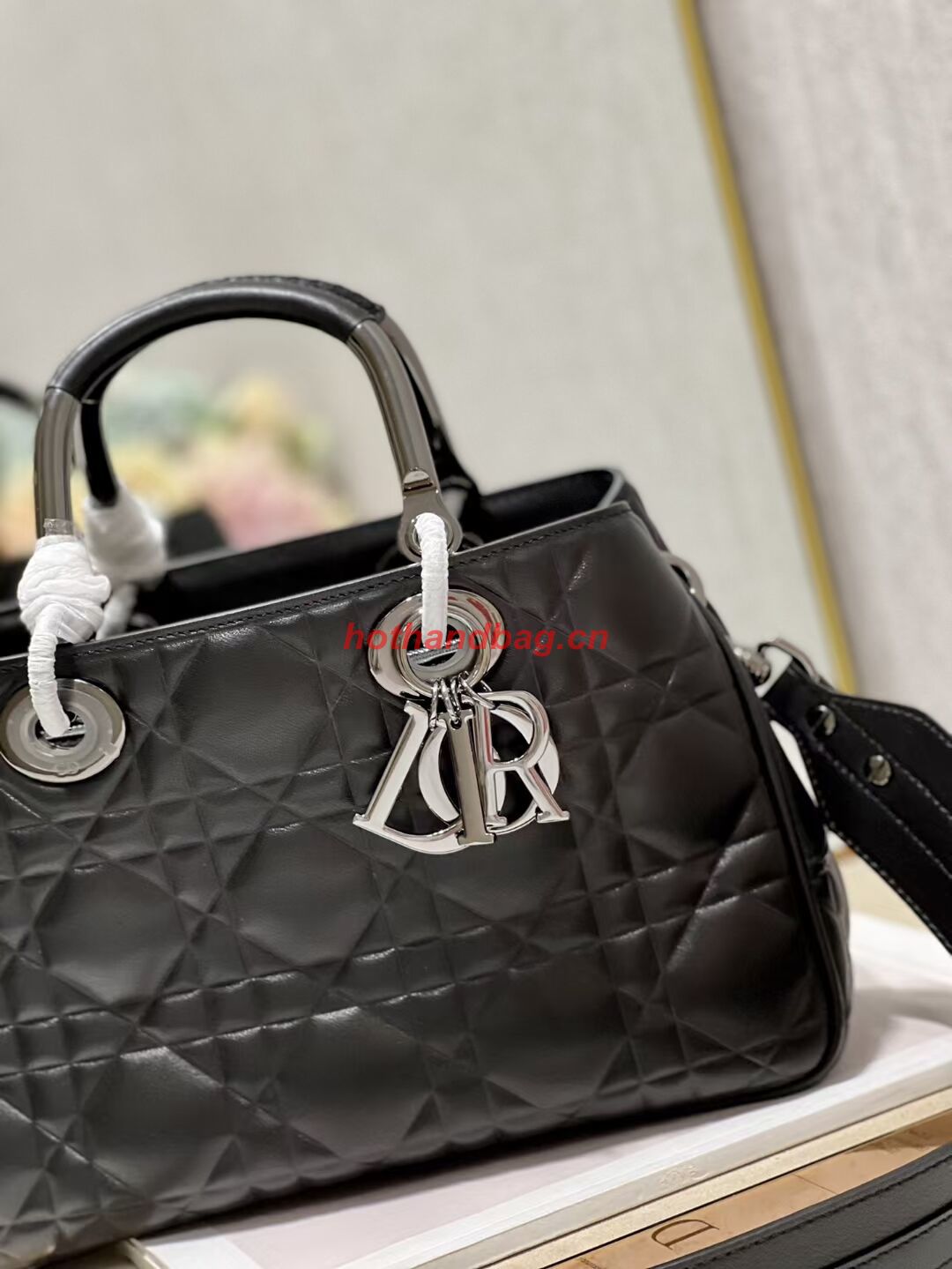 LADY DIOR TOP HANDLE MEDIUM BAG Cannage Lambskin C9226 BLACK&BLACK