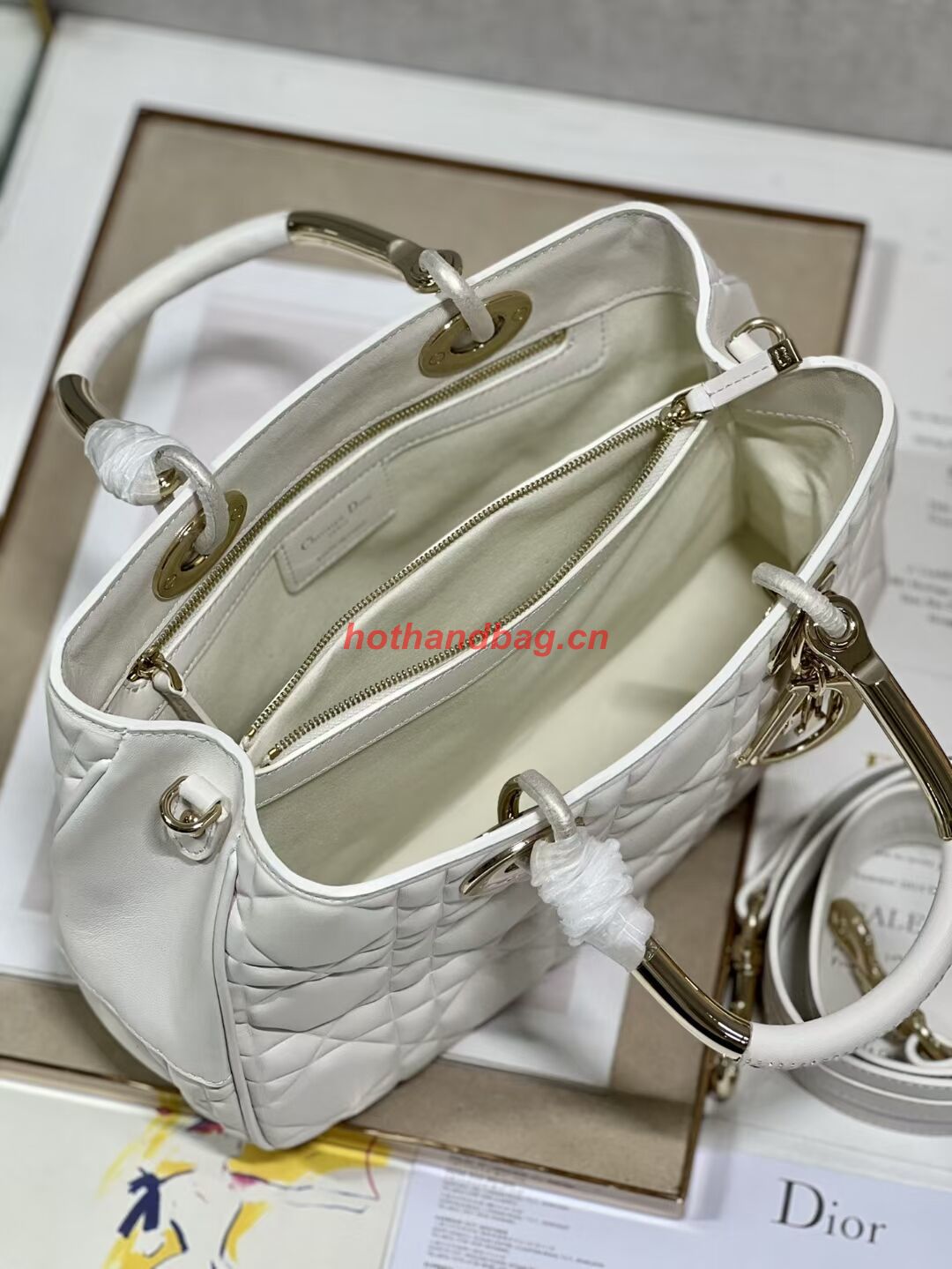 LADY DIOR TOP HANDLE MEDIUM BAG Latte Cannage Lambskin C9226 WHITE&GOLD